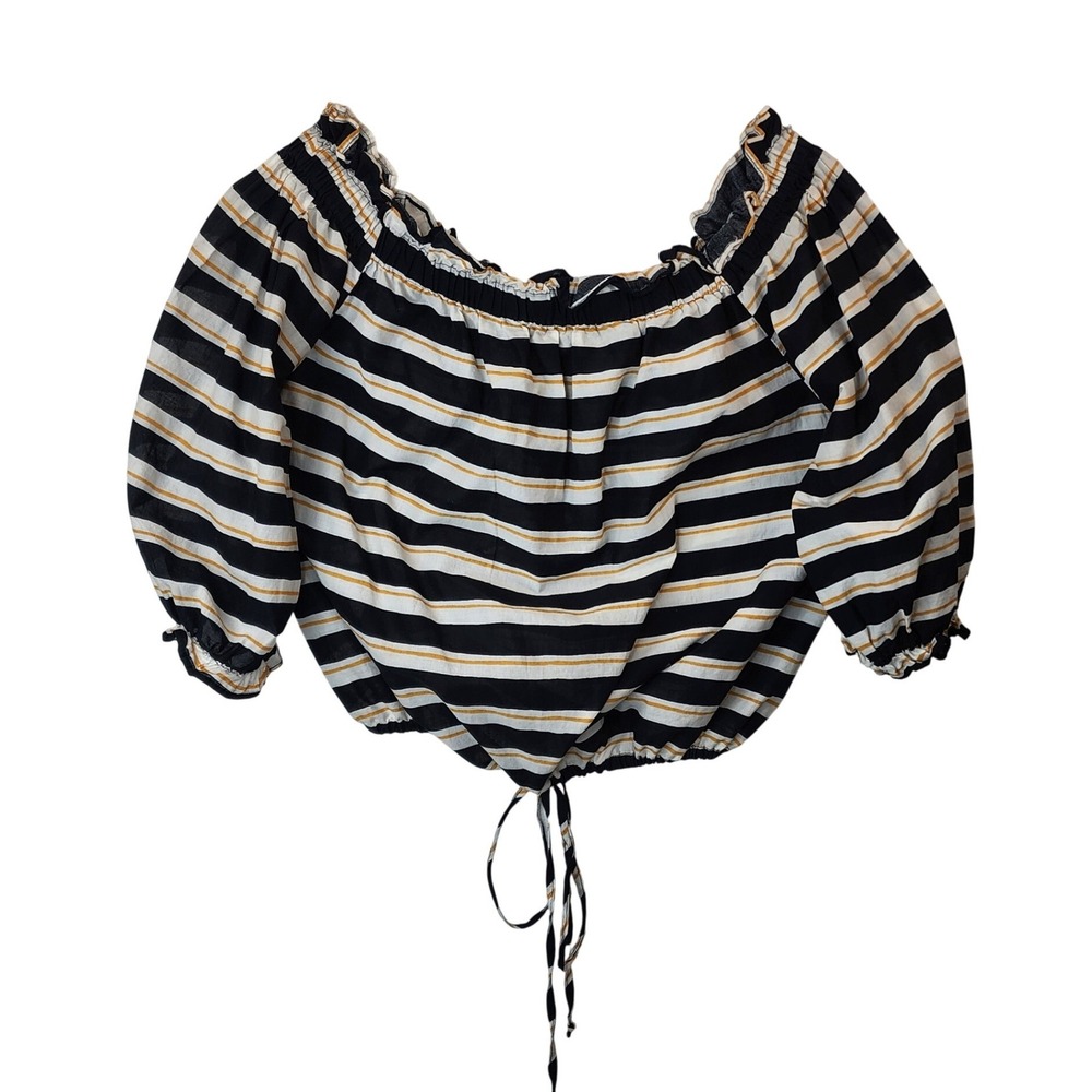 Who‎ What Wear Off Shoulder Blouse XL Black White Yellow Striped Crop Top